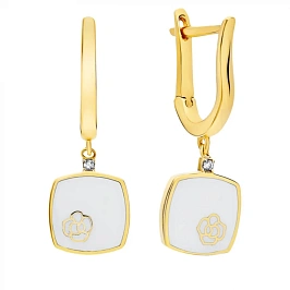 Золотые серьги с фианитами и эмалью